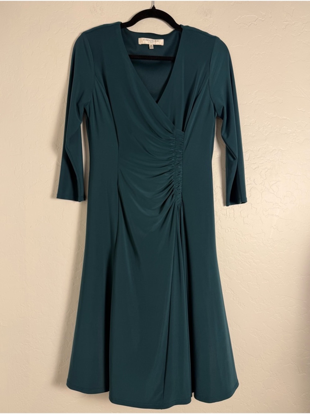 Evan-Picone Women's Sheath Midi Dress 8P Green Emerald side Ruched Wrap-Front